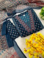 Navy Blue A Line Printed Premium Cotton Suit - Image 8