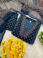 Navy Blue A Line Printed Premium Cotton Suit - Image 10