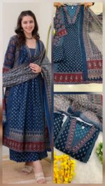 Navy Blue A Line Printed Premium Cotton Suit