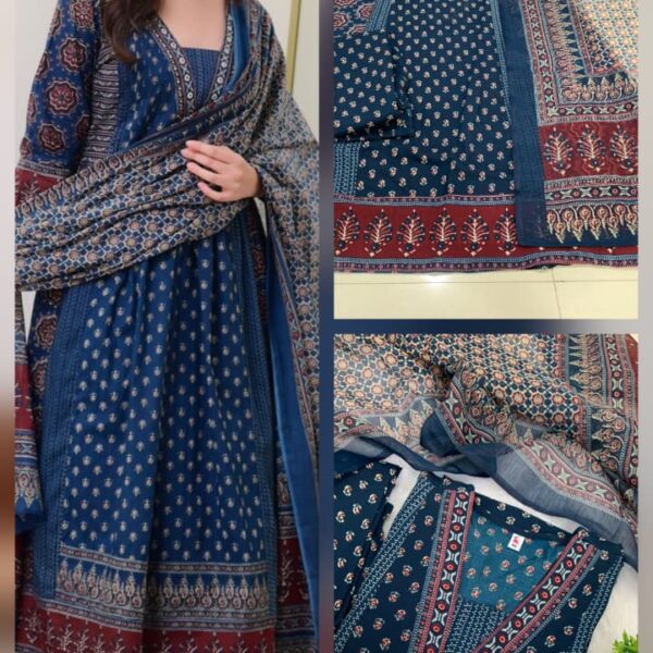 Navy Blue A Line Printed Premium Cotton Suit