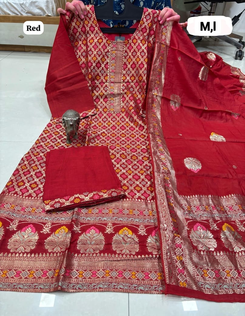 WhatsApp Image 2026-02-20 at 6.54.13 PM Dola Silk Kurti With Tie Work , Pant & Beautiful Banarasi Dupatta - Image 1