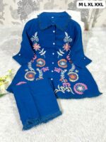 Musterd yellow Cotton Co-ord Set with Kashmiri - Style Floral Embroidery - Image 3