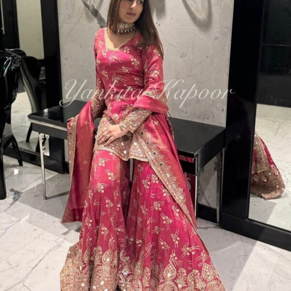 Presenting new Collection in Simmer silk with full heavy embroidery sequence work full stithed reddy to wear collection