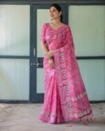Elegant Pink Bandhani Linen Saree 💖 - Image 3